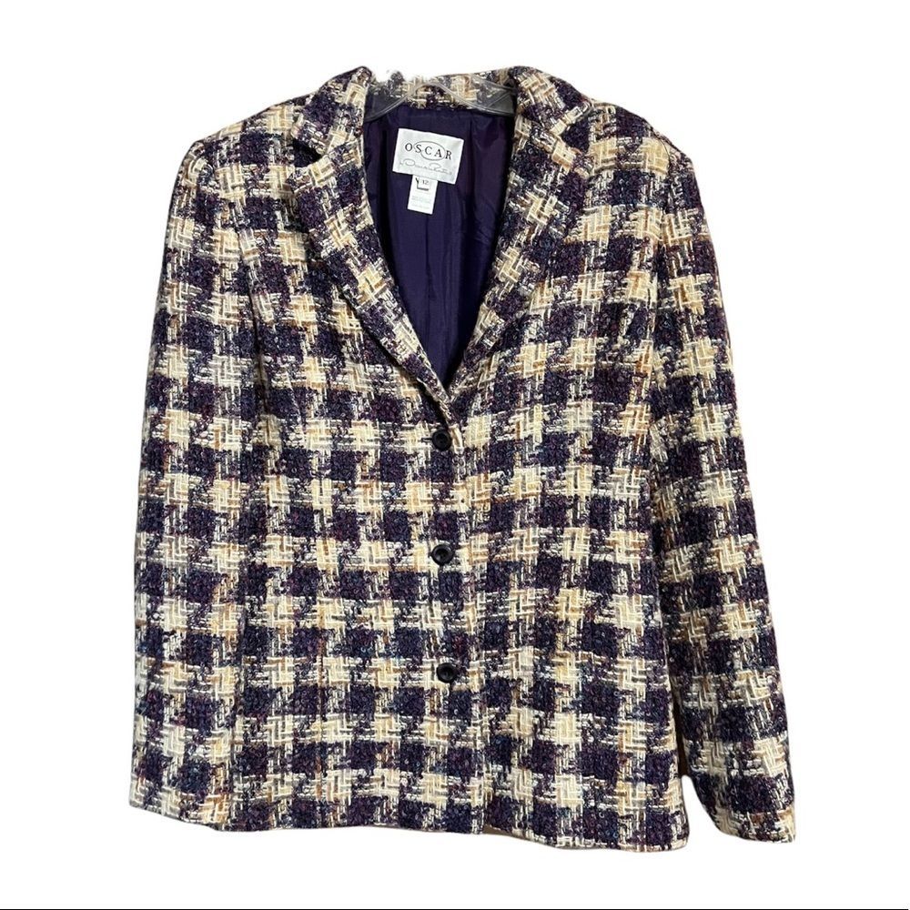 Oscar De La Renta Purple Cream Tweed Herringbone Plaid Wool Mohair Blazer Sz 12